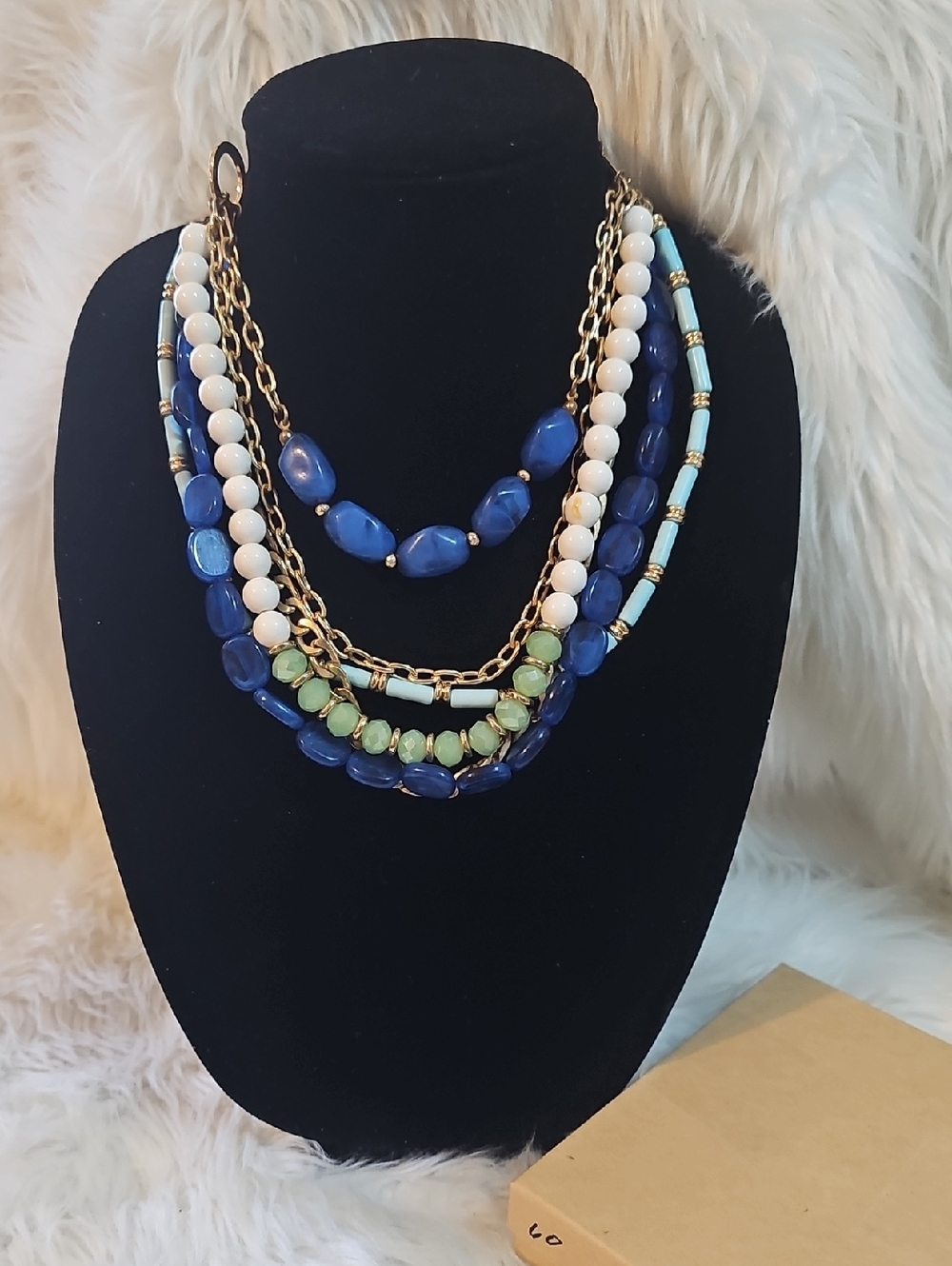 Multistrand Blue, White & Green Beaded Necklace - Unbranded #60